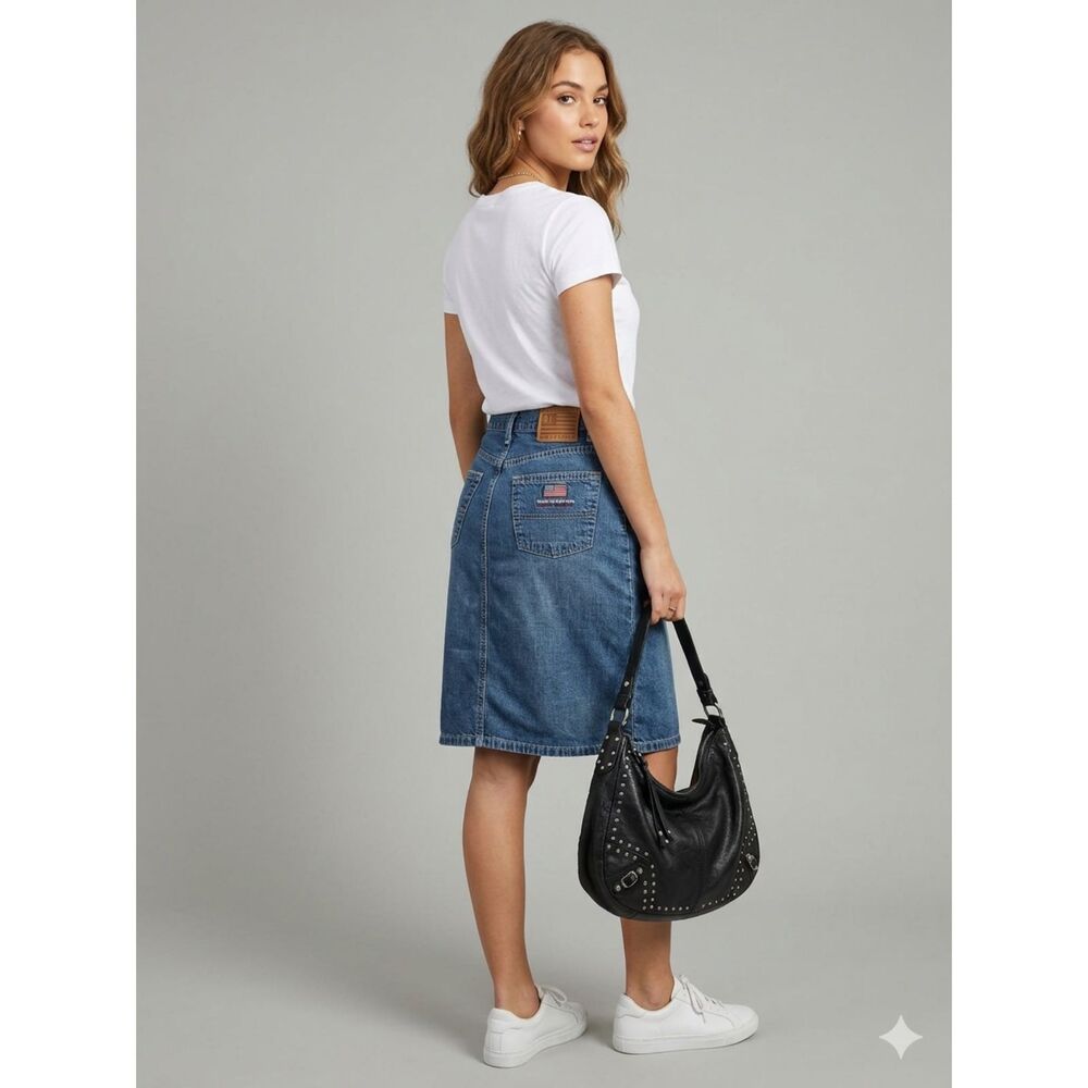 Vintage Ralph Lauren Polo Jeans Denim Skirt Size 2 Knee Length Flag Patch Y2K
